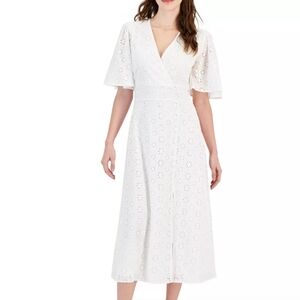 TINSEL Cotton Eyelet V-Neck Bell Sleeves Midi Dress White Sz Med